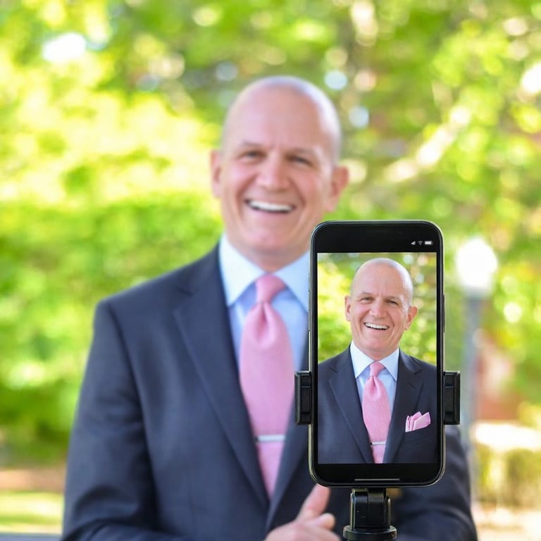 Professional man in dark suit and pink tie smiling while holding a smartphone displaying his headshot against a blurred green garden background