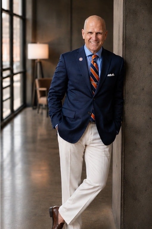 Smiling man in navy blazer, white pants, and striped tie leaning against hallway wall with modern interior background
