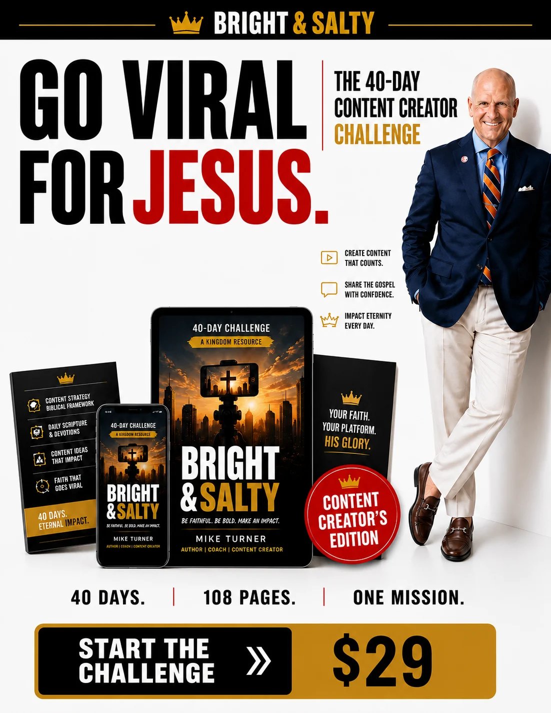 Bright and Salty 40-day Content Creator Challenge promotional image featuring Mike Turner and course materials for $29