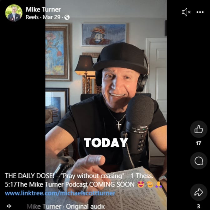 Man in black hat and shirt wearing cross necklace gesturing with TODAY text overlay, promoting Mike Turner Podcast