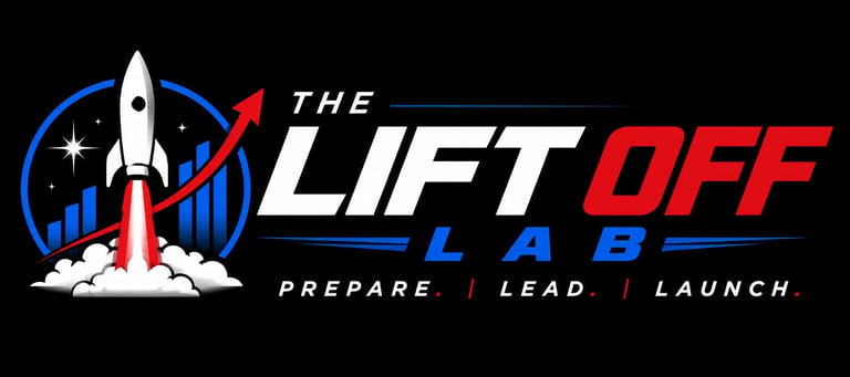 The Liftoff Club logo featuring a rocket launching with upward trend arrow and tagline Prepare Lead Launch
